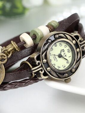 Anthropologie Brown Leather Wrap Watch with Green and Cream Beads